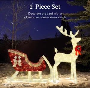 XL Rattan Lighted Christmas 5ft Reindeer & Sleigh Holiday Outdoor Yard Decoration Set with LED String Lights Waterproof Light
