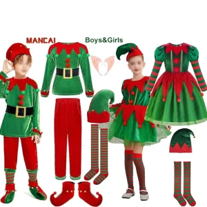 Xmas Party Costume Elves Dress Children Cute Elf Costume Sanata Cosplay Boys Girls Red and Green Christmas Performance Clothes