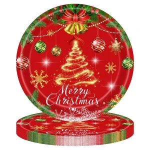 Xmas Tableware Set Disposable Paper Plates Cups Tablecloth for Baking Industry Gold Tree Snowflake Party Decoration