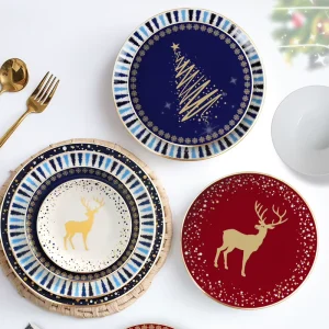 Xmas Theme Bone China Tableware Golden Reindeer Snowflake Christmas Tree Holiday Gift Hotel Party Tableware