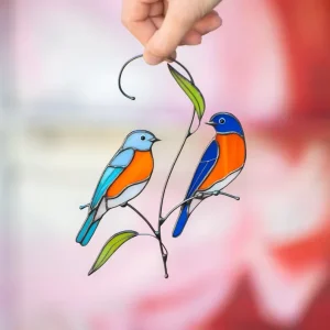 YAPPIE Customized Bluebirds Stained Glass Suncatcher Art Deco Design Square Round Shape Window Hanging Ornament Custom Decor