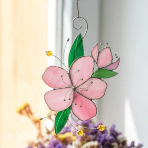 YAPPIE Peach Blossom Art Deco Stained Glass Flower Suncatcher Home Window Wall Hanging Cling Ornament Anniversary Gift for Mom
