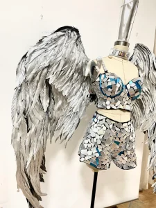 w Silver Feather Wings Angel Mirror Costumes Catwalk Stage Outfits Rave Nightclub Drag Queen Cosplay Festival Party Costume