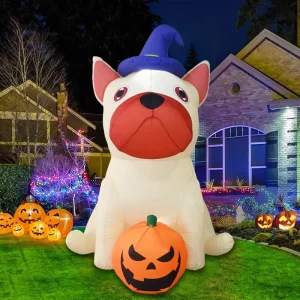 zukakii 5FT Halloween Inflatables with LED Blow Up Decoration Pumpkin Witch Hat Dog Outdoor for Holiday Party Yard Garden Lawn
